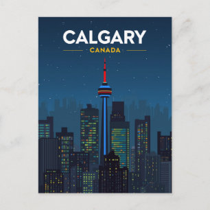 Calgary Tower Skyline Retro Night Postcard