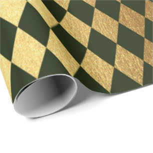 Cali Green Gold Geometry Chessboard Diamond Cut Wrapping Paper