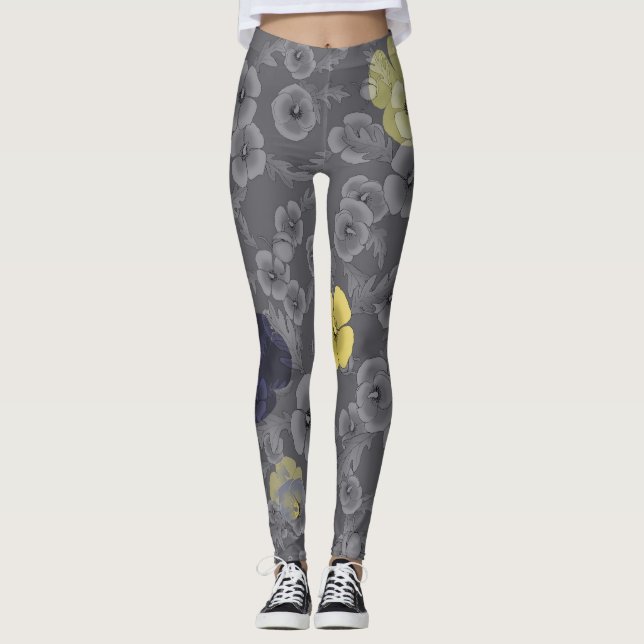 Cali Poppies Oversize Print in Grey & Yellow Leggings (Front)