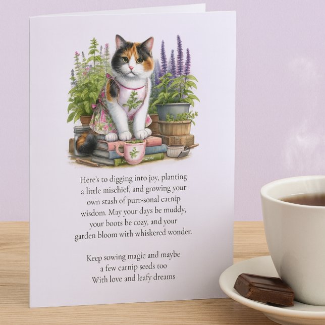 Calico and the Catnip Cat Lovers Flat Note Card (Whiskered wisdom and warm tea let your garden bloom with calm, comfort, and a hint of mischief.)