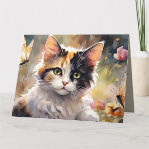 Calico Cat and Butterflies in Spring Garden Card