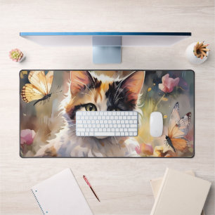 Calico Cat and Butterflies in Spring Garden Desk Mat