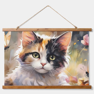 Calico Cat and Butterflies in Spring Garden Hanging Tapestry
