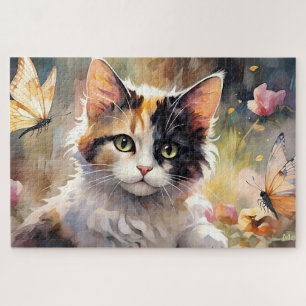Calico Cat and Butterflies in Spring Garden Jigsaw Puzzle