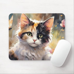 Calico Cat and Butterflies in Spring Garden Mouse Mat