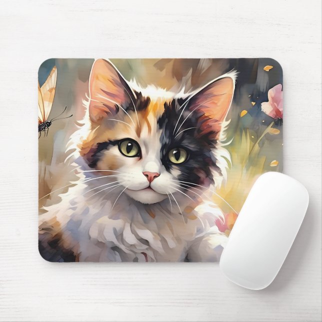 Calico Cat and Butterflies in Spring Garden Mouse Mat (With Mouse)