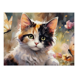 Calico Cat and Butterflies in Spring Garden Poster