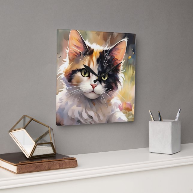 Calico Cat and Butterflies in Spring Garden Square Wall Clock (Office)
