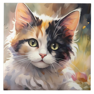 Calico Cat and Butterflies in Spring Garden Tile