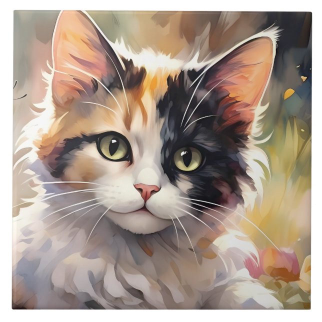 Calico Cat and Butterflies in Spring Garden Tile (Front)