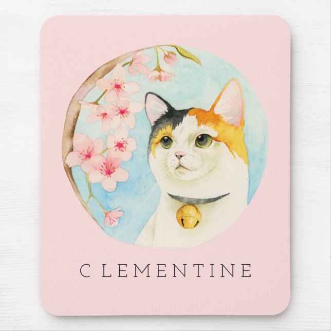Calico Cat and Cherry Blossom | Add Your Name Mouse Mat (Front)