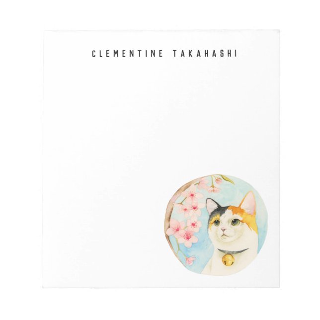 Calico Cat and Cherry Blossom | Add Your Name Notepad (Front)