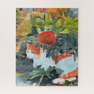 calico cat and flowering bush jigsaw puzzle