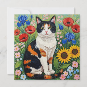 Calico Cat and Folk Art Sunflowers
