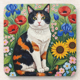 Calico Cat and Folk Art Sunflowers Coaster
