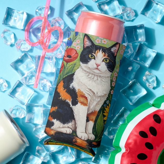 Calico Cat and Folk Art Sunflowers Seltzer Can Cooler (In Situ Summer)