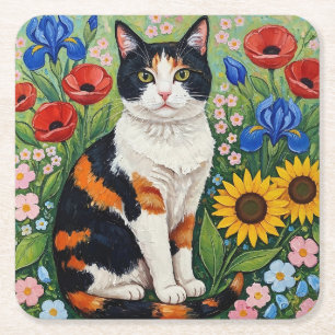 Calico Cat and Folk Art Sunflowers Square Paper Coaster
