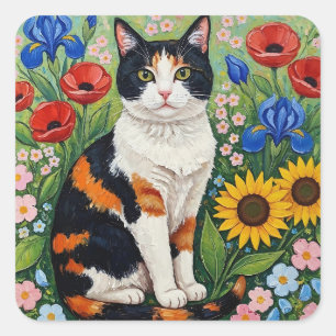 Calico Cat and Folk Art Sunflowers Square Sticker