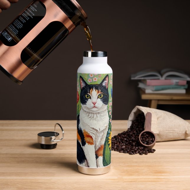 Calico Cat and Folk Art Sunflowers Water Bottle (Coffee)