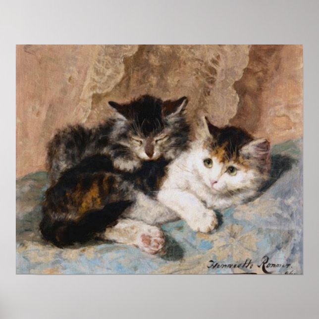 Calico Cat and Grey Kitten Fine Art Painting Poster (Front)
