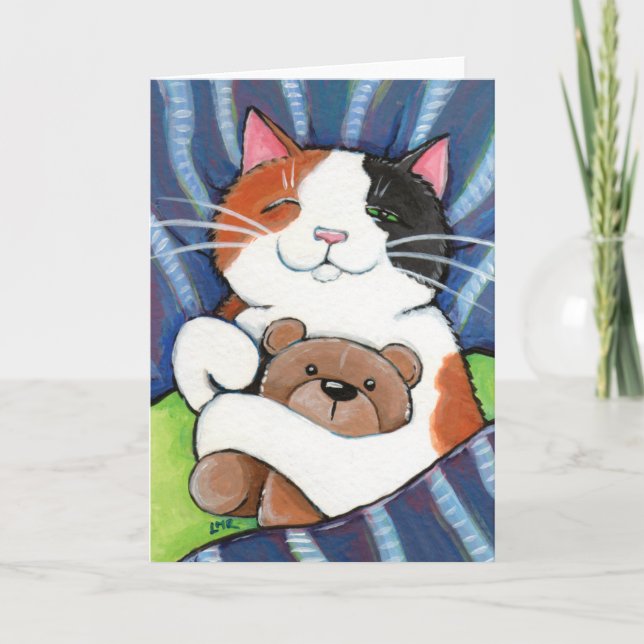 Calico Cat and Teddy Bear | Cat Art Greeting Card (Front)