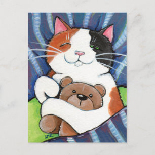 Calico Cat and Teddy Bear   Cat Art Postcard