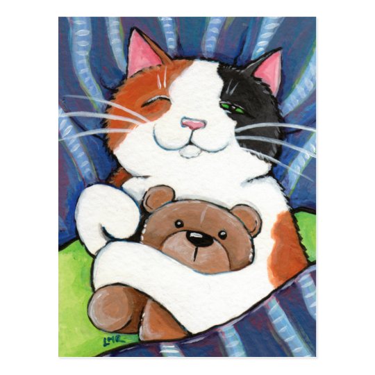 Calico Cat and Teddy Bear | Cat Art Postcard
