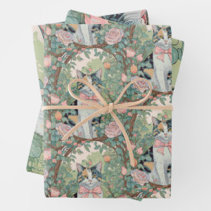 Calico cat at garden with flowers wrapping paper sheet