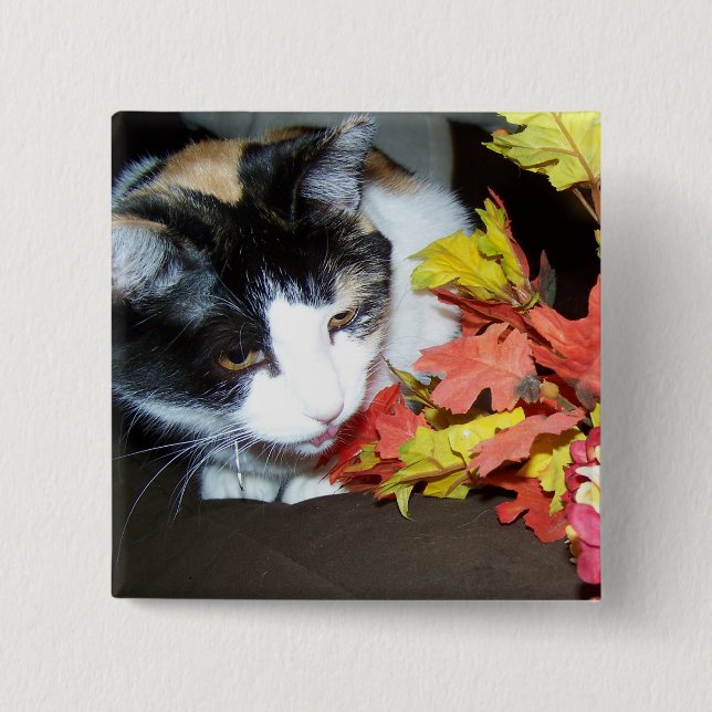 Calico Cat Autumn Fall Leaves Button (Front)