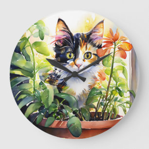 Calico Cat Behind Vibrant Potted Plant Large Clock