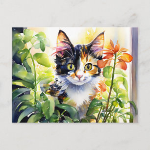Calico Cat Behind Vibrant Potted Plant  Postcard