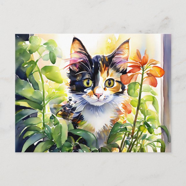 Calico Cat Behind Vibrant Potted Plant  Postcard (Front)