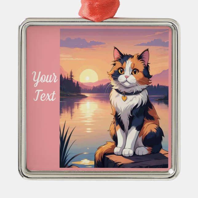 Calico Cat by Lake Metal Tree Decoration (Front)
