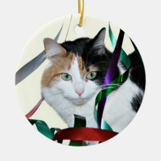 Calico cat Christmas ribbon Ceramic Tree Decoration
