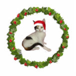 Calico Cat Christmas Wreath Photo Sculpture Decoration<br><div class="desc">This acrylic Christmas ornament of a calico cat in a Santa hat inside a Christmas wreath  comes with a red ribbon for hanging. Final size is approximate and depends on cut-out size of image.</div>