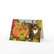 Calico Cat Fairy Cats Leaves Fall Autumn Art Card