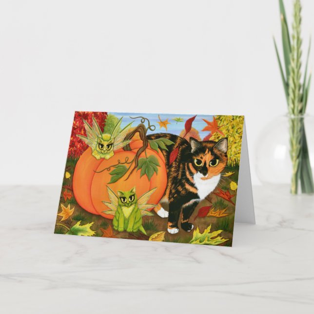 Calico Cat Fairy Cats Leaves Fall Autumn Art Card (Front)