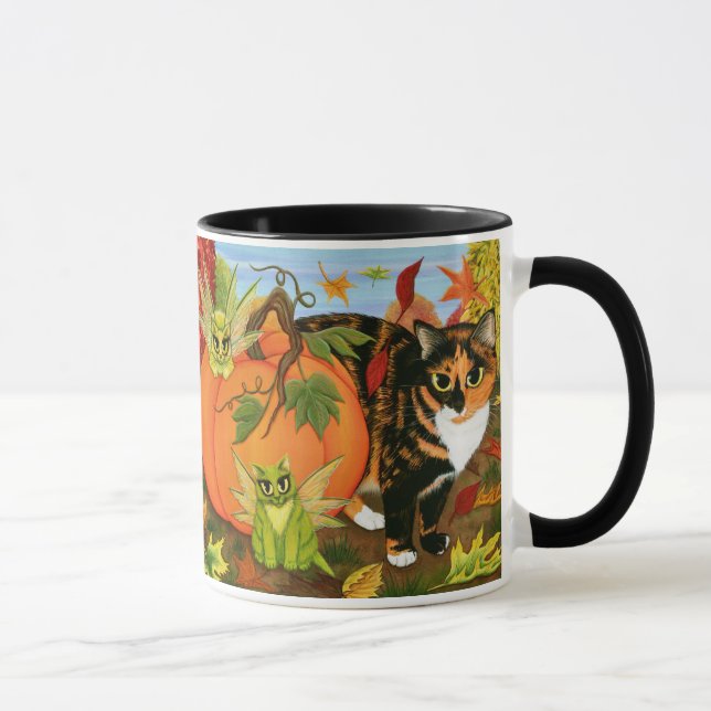 Calico Cat Fairy Cats Leaves Fall Autumn Art Mug (Right)