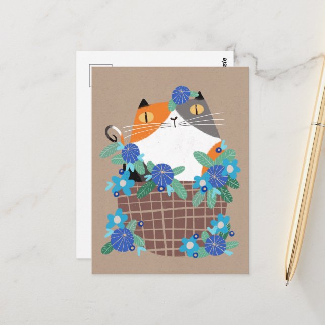 Calico cat & flowers postcard (Front/Back In Situ)
