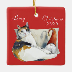 Calico Cat Gnome Christmas theme watercolor Cerami Ceramic Ornament