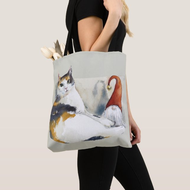 Calico Cat Gnome & Tortoiseshell Watercolor Tote Bag (Close Up)