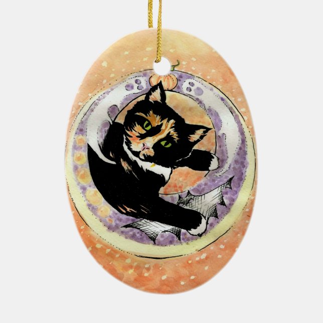 Calico Cat Halloween Ceramic Tree Decoration (Back)