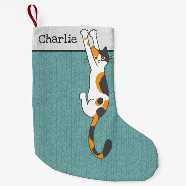 Calico Cat Hanging On | Funny Cat Holiday Xmas Small Christmas Stocking (Front)