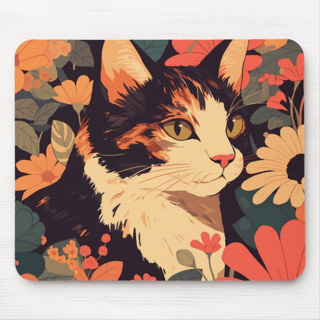 Calico Cat in Floral Garden Mouse Mat (Front)