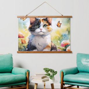 Calico Cat in Spring Garden with Butterflies Hanging Tapestry