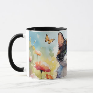 Calico Cat in Spring Garden with Butterflies Mug