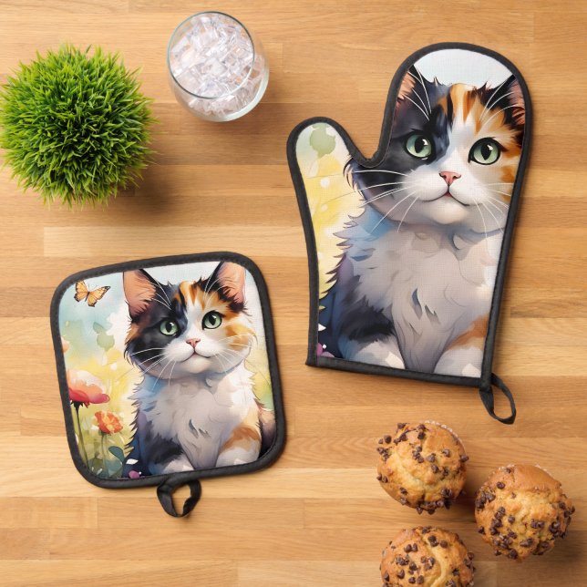 Calico Cat in Spring Garden with Butterflies Oven Mitt & Pot Holder Set (Top Down)