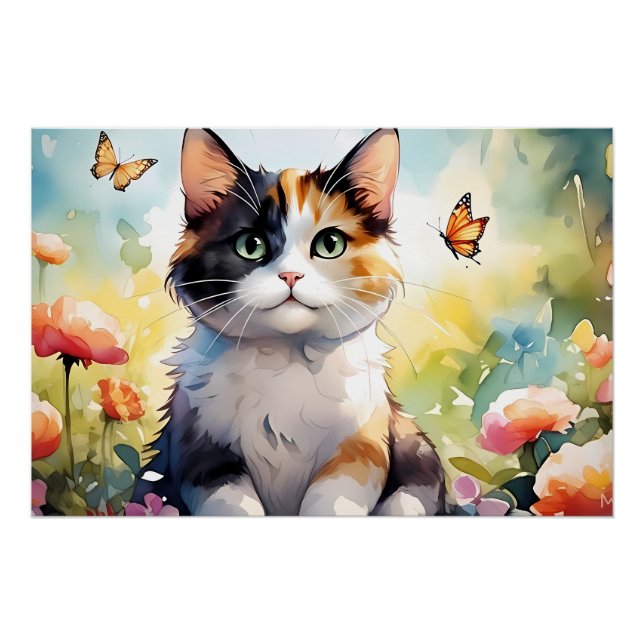 Calico Cat in Spring Garden with Butterflies Poster (Front)