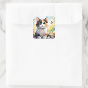 Calico Cat in Spring Garden with Butterflies Square Sticker