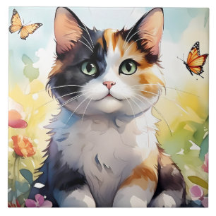 Calico Cat in Spring Garden with Butterflies  Tile